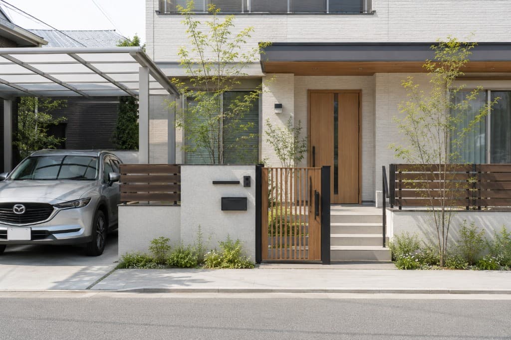 外構工事の施工イメージ(カーポート・門扉・フェンスのある住宅外観)